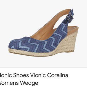 Vionic Women's Aruba Coralina Slingback Wedge Espadrille Navy Chevron US 7